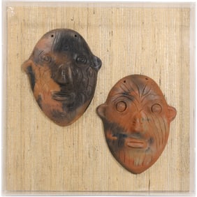 Unique 2 Framed Terra Cotta Face Masks - Vintage