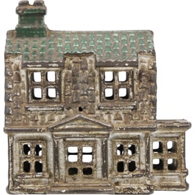 Farmhouse Antique Painted Cast Iron House Coin Bank, A C Williams, 4 in. x 4 in. Original Patina