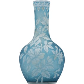 Signed THOMAS WEBB Blue and White Cameo Art Glass Vase 9 in. height x 5 in. wide