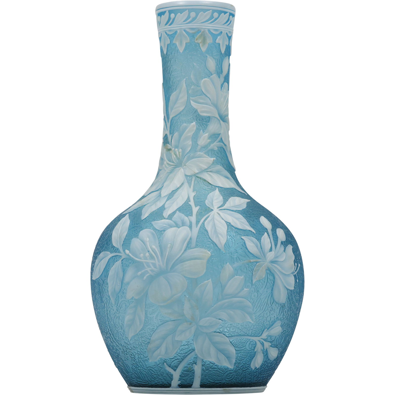 Signed THOMAS WEBB Blue and White Cameo Art Glass Vase 9 in. height x 5 in. wide: Signed THOMAS WEBB Blue and White Cameo Art Glass Vase 9 in. height x 5 in. wide. Note: See Last Picture: Has A Small Chip Flaw and Line on Flower Petal. size: 9h 5w S:B