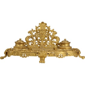 Ornate 19th C. Bronze Renassaince Revival Double Inkwell Desk Top Stand, Gold Dore Patina