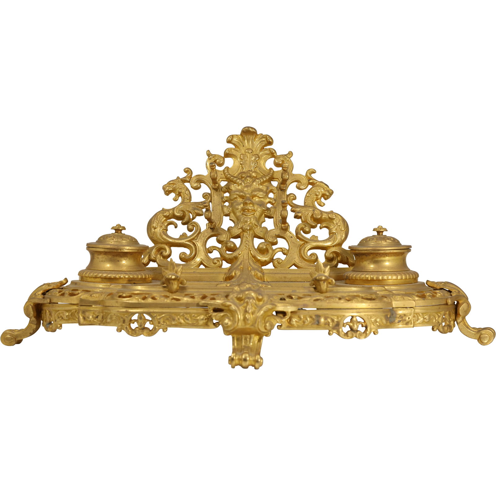 Ornate 19th C. Bronze Renassaince Revival Double Inkwell Desk Top Stand, Gold Dore Patina (1 of 15)
