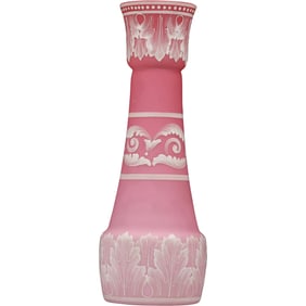 Thomas Webb & Sons, attribution, Pink and White Tall Cameo Glass Vase with Flowers 12.5 in. h.