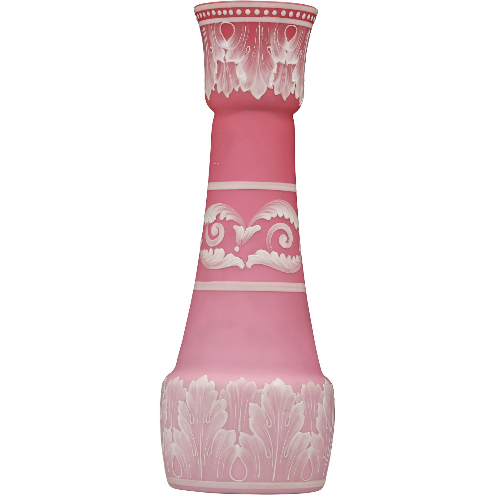 Thomas Webb & Sons, attribution, Pink and White Tall Cameo Glass Vase with Flowers 12.5 in. h.: Thomas Webb & Sons, attribution, Pink and White Tall Cameo Glass Vase with Flowers 12.5 in. h.; size: 12.5h 4.5w S:B