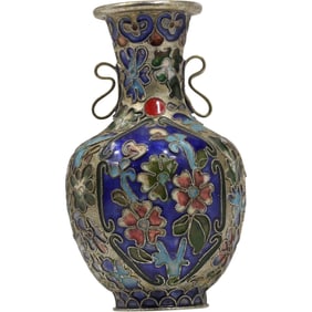 Antique Silver with Cloisinne Enameled Cabinet Vase, Intricate Flowers, 4 in. height