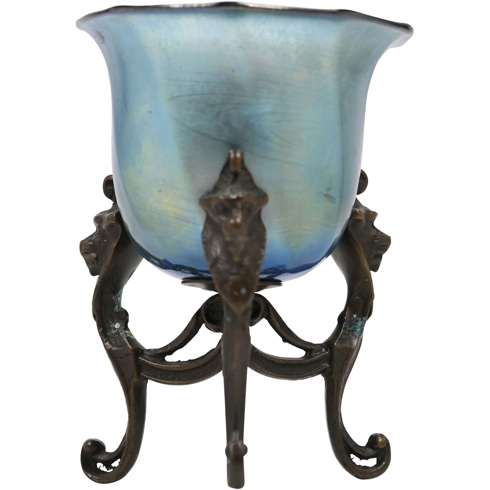 Signed STEUBEN Blue Iridescent Glass Vase on a Bronze Art Nouveau Base Griffin Heads: Signed STEUBEN Blue Iridescent Glass Vase on a Bronze Art Nouveau Base Griffin Heads. size: 3h 4w, 4h 4w, 4h 4w S:B