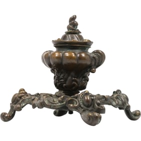 TIFFANY & CO Signed Bronze Desk Top Single Inkwell Baroque Style Footed 6.5 in. wide