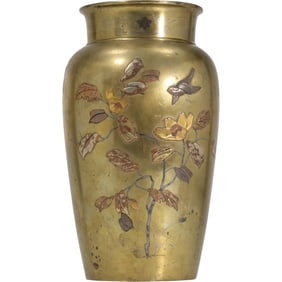 Antique Japanese mixed-metal inlay bronze vase from the Meiji period (1868-1912), 10 in. Height