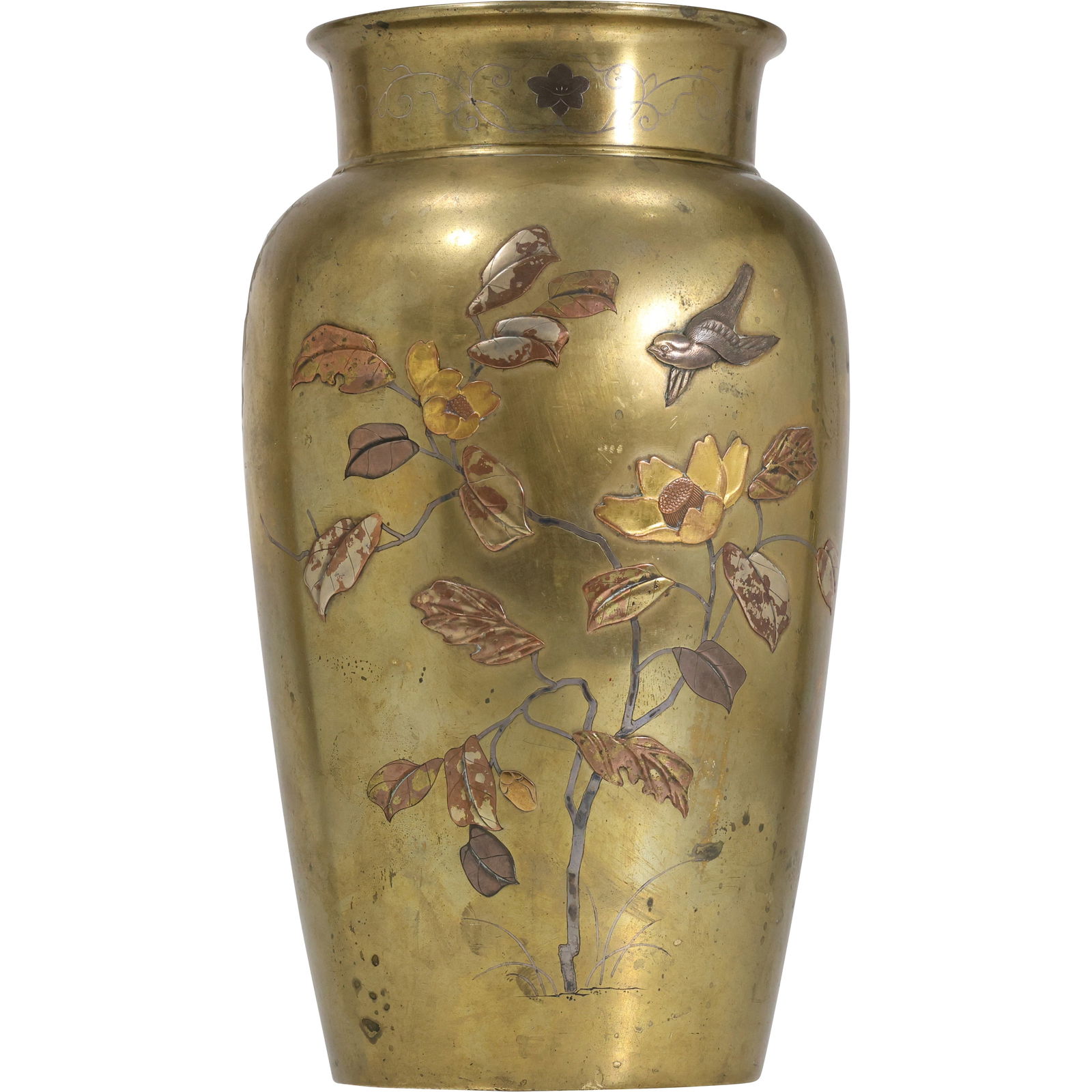 Antique Japanese mixed-metal inlay bronze vase from the Meiji period (1868-1912), 10 in. Height (1 of 13)