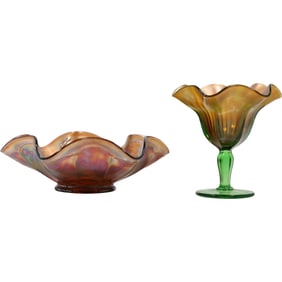 [2] Carnival Glass Bowl with Pattern and Carnival Glass Compote with Green Pedestal Stem Base