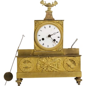 19th C. French Empire Burnished Gilt Bronze Mantle Clock with Pendulum, 10 in. height