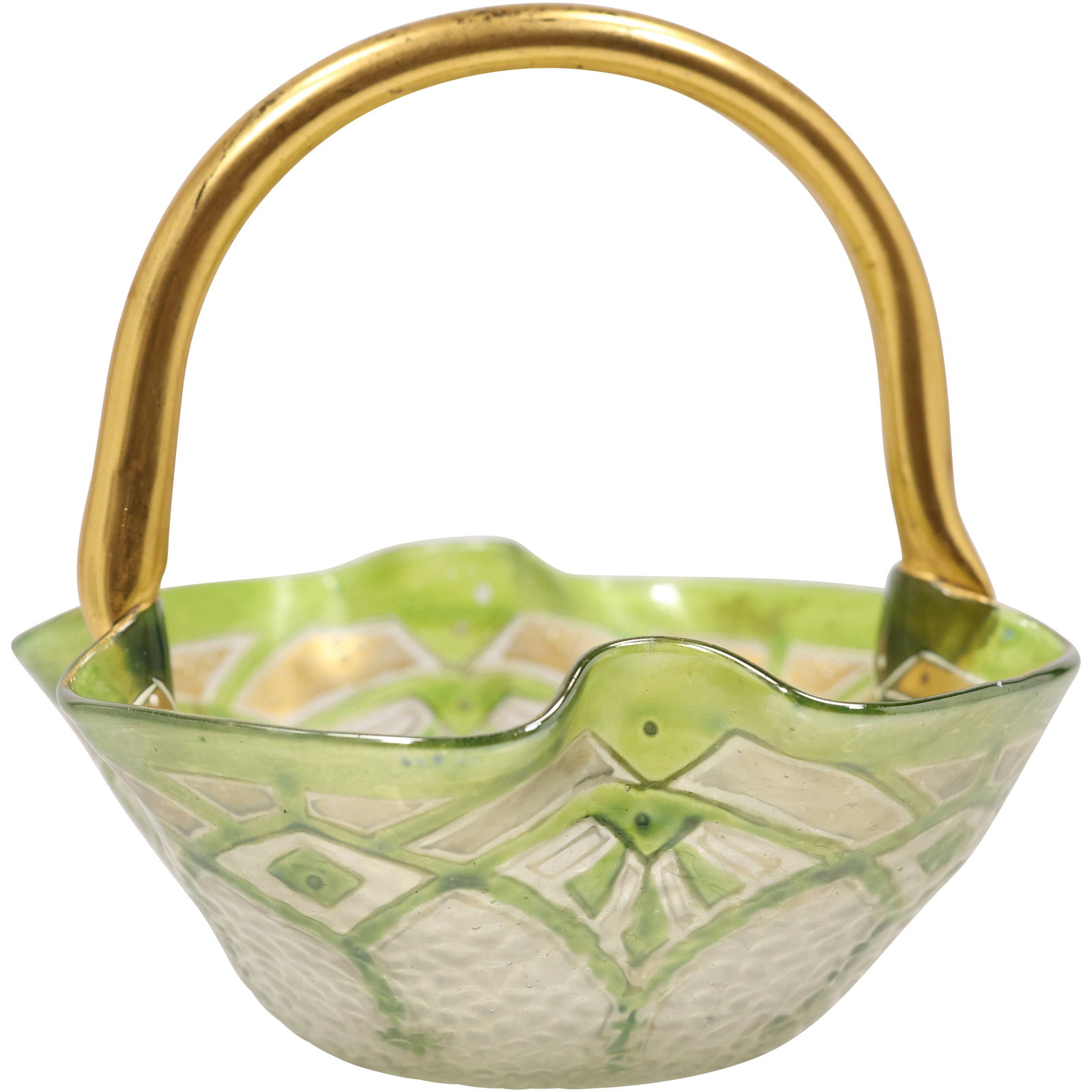 Antique hand-blown art glass basket, Art Nouveau, likely Bohemian or Czech , 5 in. x 4 in.: Antique hand-blown art glass basket, likely Bohemian or Czech, with a gold gilt and green floral design. The basket has a scalloped edge and a gold-colored handle. It is characteristic of art glass pi