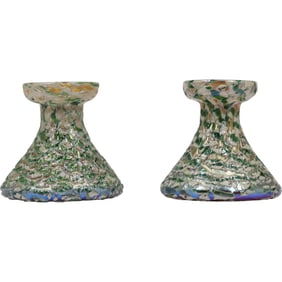 Pair Antique Durand Moorish Crackle Art Glass Candleholders 4.5 in. x 4.24 in.