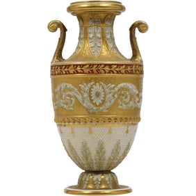 Quality 19th C. French Porcelain Handles Vase with Intricate Gold Gilt Accents 7 in. height