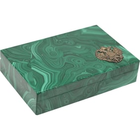 Russian Malachite Covered Box with Diamonds under lid, Size: 1.5 x 6 x 4 inches