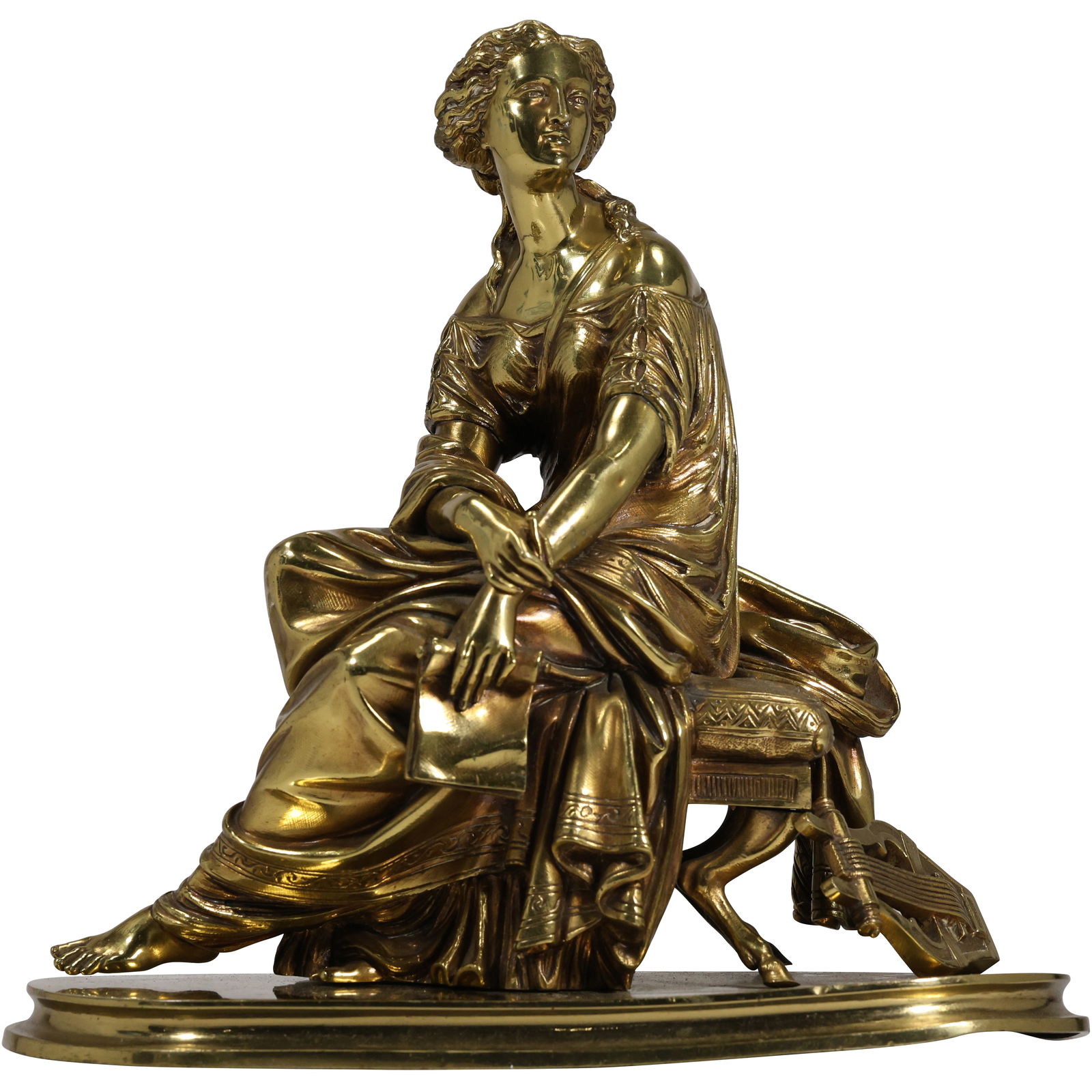 Quality 19th C. Gilt Bronze Statue Sculpture of a Seated Classical Woman 11 in. height x 11.5 length: Quality 19th C. Gilt Bronze Statue Sculpture of a Seated Classical Woman 11 in. height; size: 11h 4.75 depth x 11.5 in. length S:B