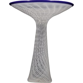 Artist Signed Murano Venetian Glass White Swirl Lattice Trumpet Vase 10 in. height x 8 in. wide