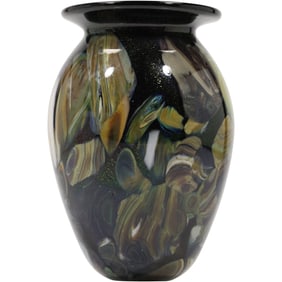 Signed marbled glass vase created by American studio glass artist Robert Eickholt, 6.5 in. height