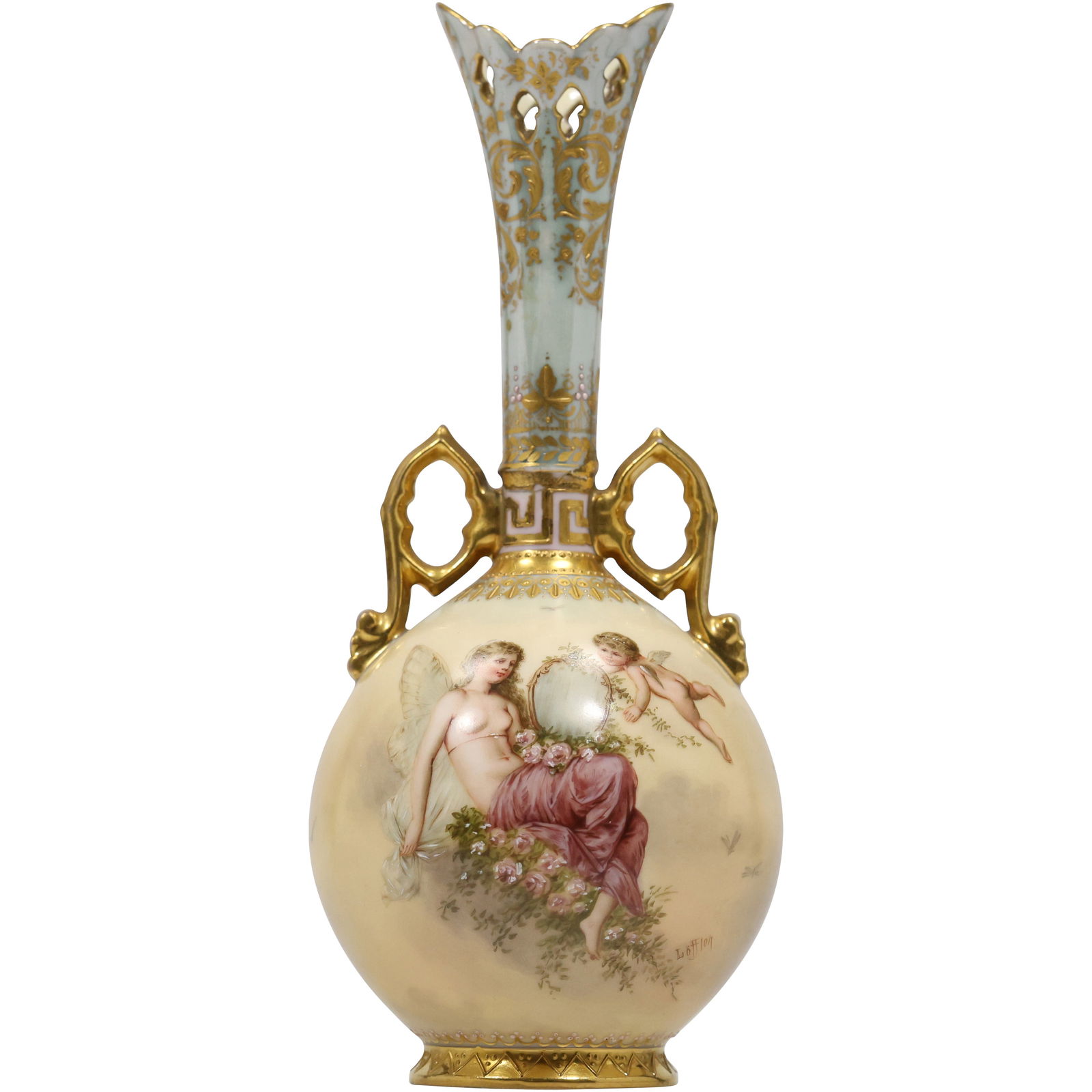 19th C. Royal Vienna porcelain vase with Winged Maiden and Cupid 7.5 inches height: Royal Vienna porcelain vase. These vases are known for their intricate designs and high-quality craftsmanship. The Royal Vienna Porcelain Manufactory was founded in 1718 and was the second hard-paste