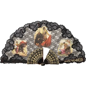Spanish-style folding hand fan with a black lace border and images of bullfighting