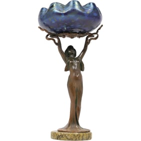 Art Nouveau Bronze Woman Figure Holding Blue Art Glass Bowl Compote 8 in. height x 4 in. wide