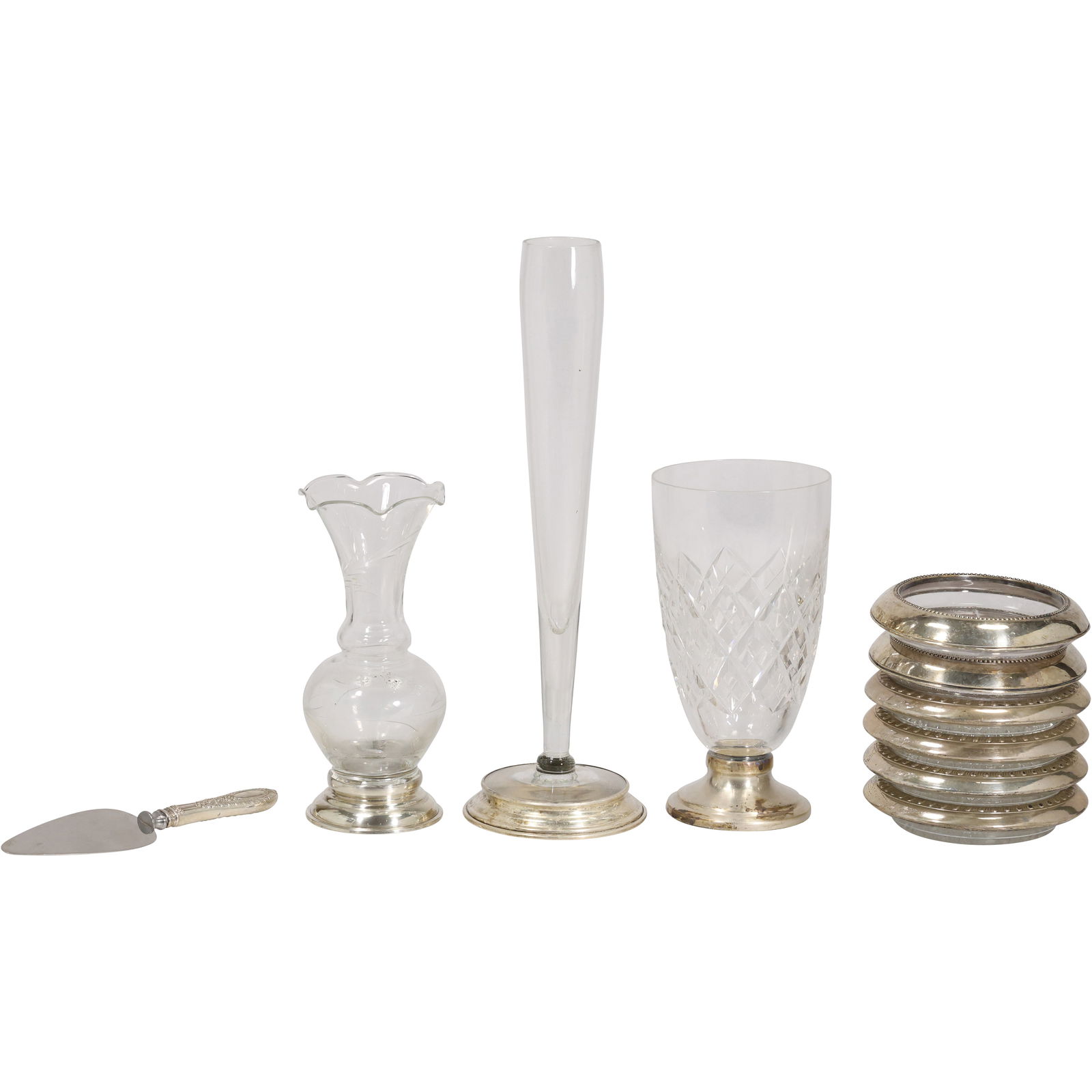 10 Pieces Estate Grouping: Set 6 Sterling Rimmed Coasters; 3 Sterling Base Crystal Vases; Sterling: 10 Pieces Estate Grouping: Set 6 Sterling Rimmed Coasters; 3 Sterling Base Crystal Vases; Sterling Handled Cake Knife. size: 5.5h 1.5w, 10h 3.25w S:B