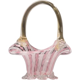 Venini Italian Art Glass Basket Pink with White Stylized Lattice 6.5 in. height x 5.5 in. wide