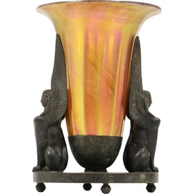 Tiffany Studios New York #1227 Bronze Egyptian Revival Candle Lamp with Gold Aurene Shade
