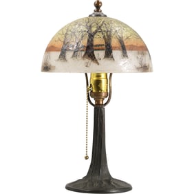 Quality Antique Obverse Painted Landscape Boudoir Lamp on a Tree Trunk Base, Unsigned