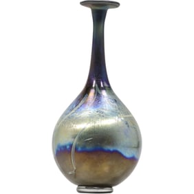 Signed Studio Art Glass Vase Blue Iridescent 9 inches height x 4 in. wide
