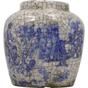 19th C. Antique crackle transfer ware heavy pottery vase Blue and White, 6 in. x 5 in.