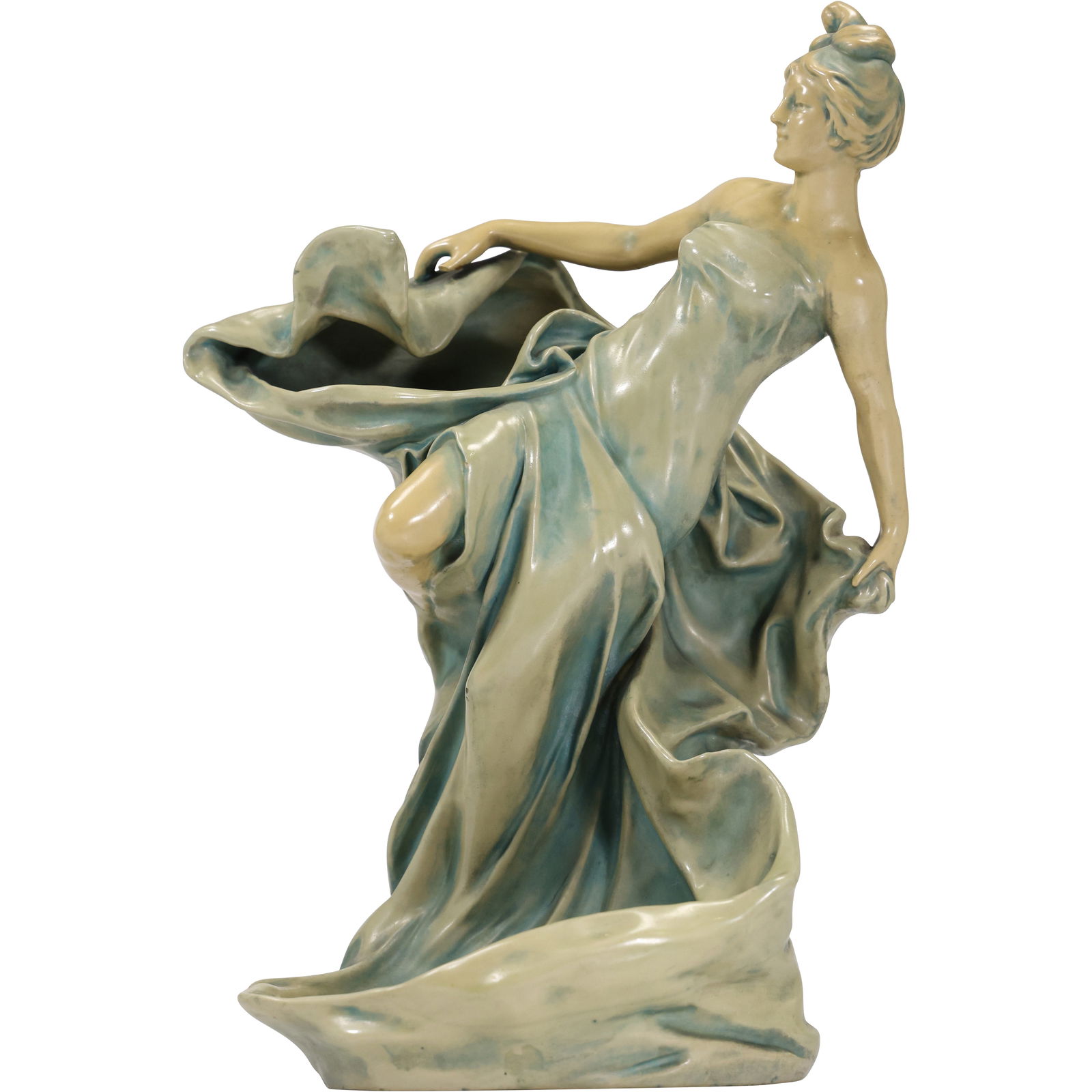 19th C. Art Nouveau Flowing Woman Holding a Bowl , Amphora, an Austrian company. 15.5 in. height: 19th C. Art Nouveau Flowing Woman Holding a Bowl , Amphora, an Austrian company. 15.5 in. height. Marked on Base BB 75 49; size: 15.5h 11w S:B