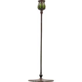 TIFFANY STUDIOS #1213 Tall Bronze Candlestick with Green Glass Molded Top 17.75 in. height