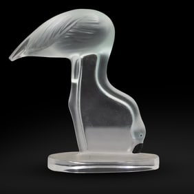 Signed Royales de Champagne Flamingo Figurine Frosted Glass Body, Black Beak, France