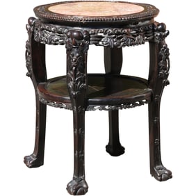 Large Antique Chinese Carved Teakwood Round Center Table with Inset Rose Marble Top