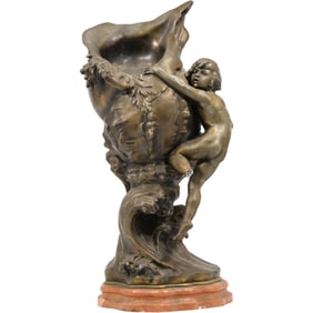 AUGUSTE MOREAU. Cast Metal Spelter Sculpture Cupid on Conch Shell, Marble Base 18 in. height