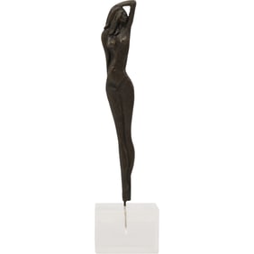 Bronze sculpture of a female figure, Vintage, Mounted on Clear Lucite Block Base 11 in. height