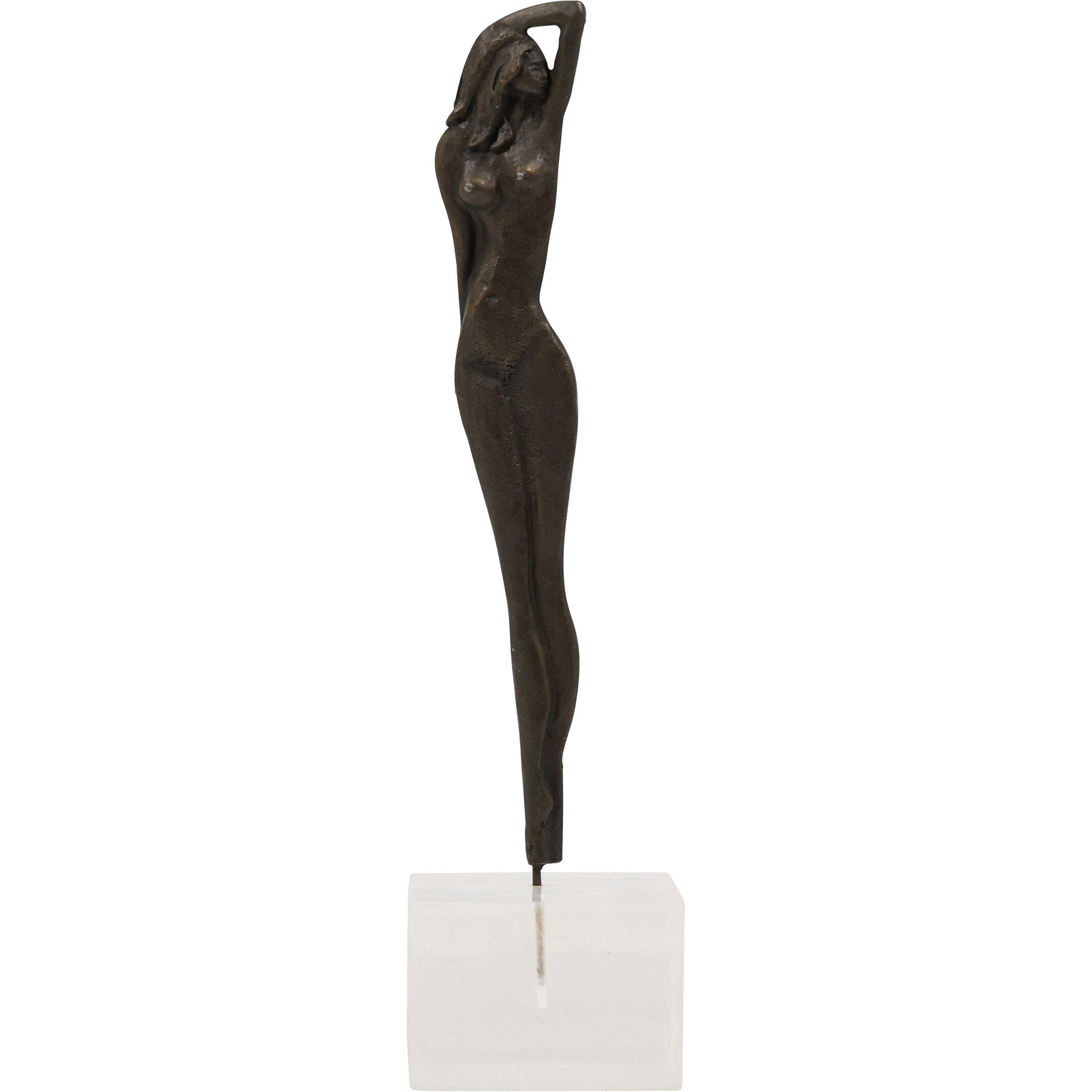 Bronze sculpture of a female figure, Vintage, Mounted on Clear Lucite Block Base 11 in. height (1 of 11)