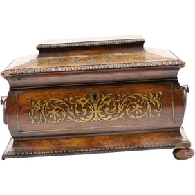antique George IV Gonçalo Alves and amboyna marquetry tea caddy, dated circa 1825, missing 1 foot