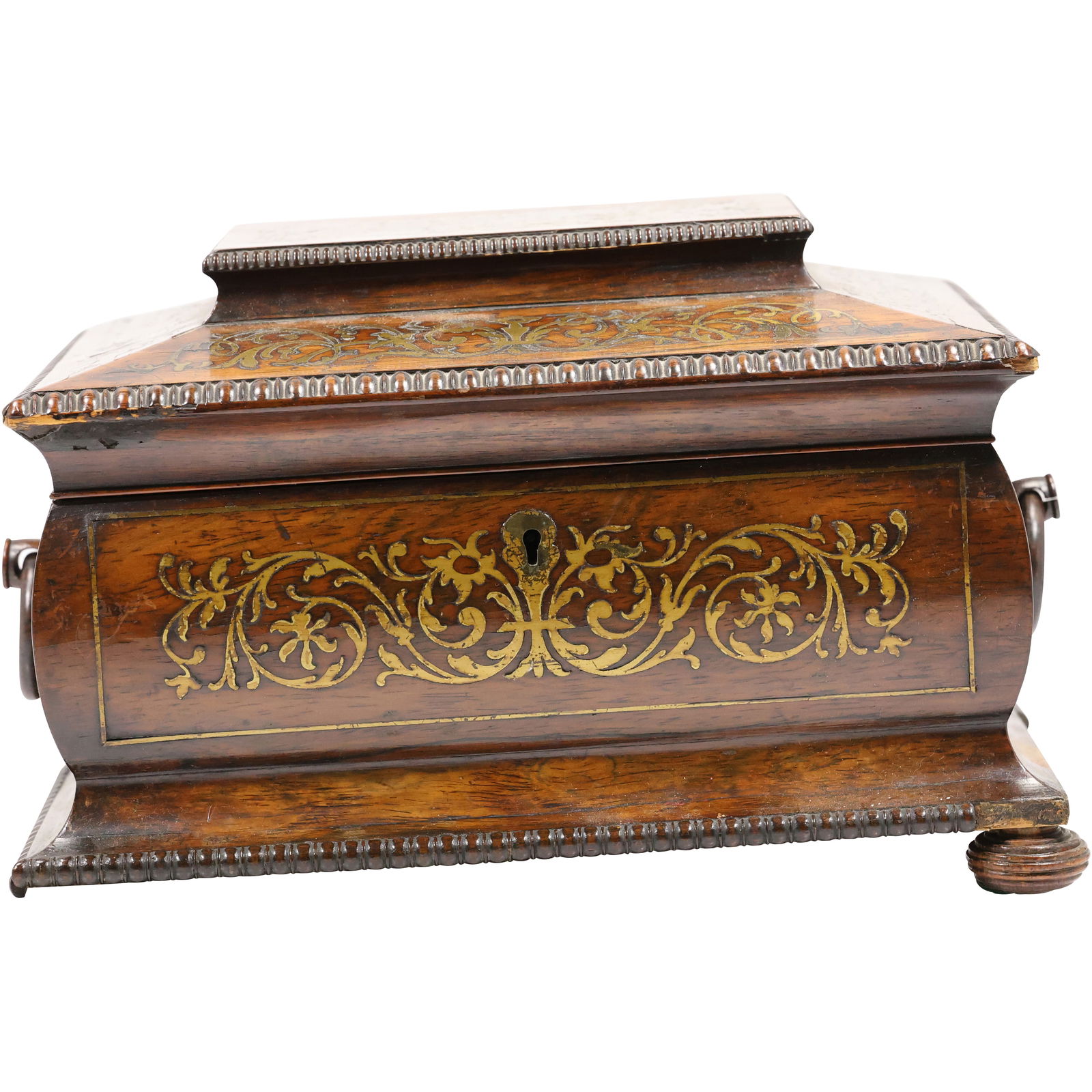 antique George IV Gonçalo Alves and amboyna marquetry tea caddy, dated circa 1825, missing 1 foot (1 of 15)