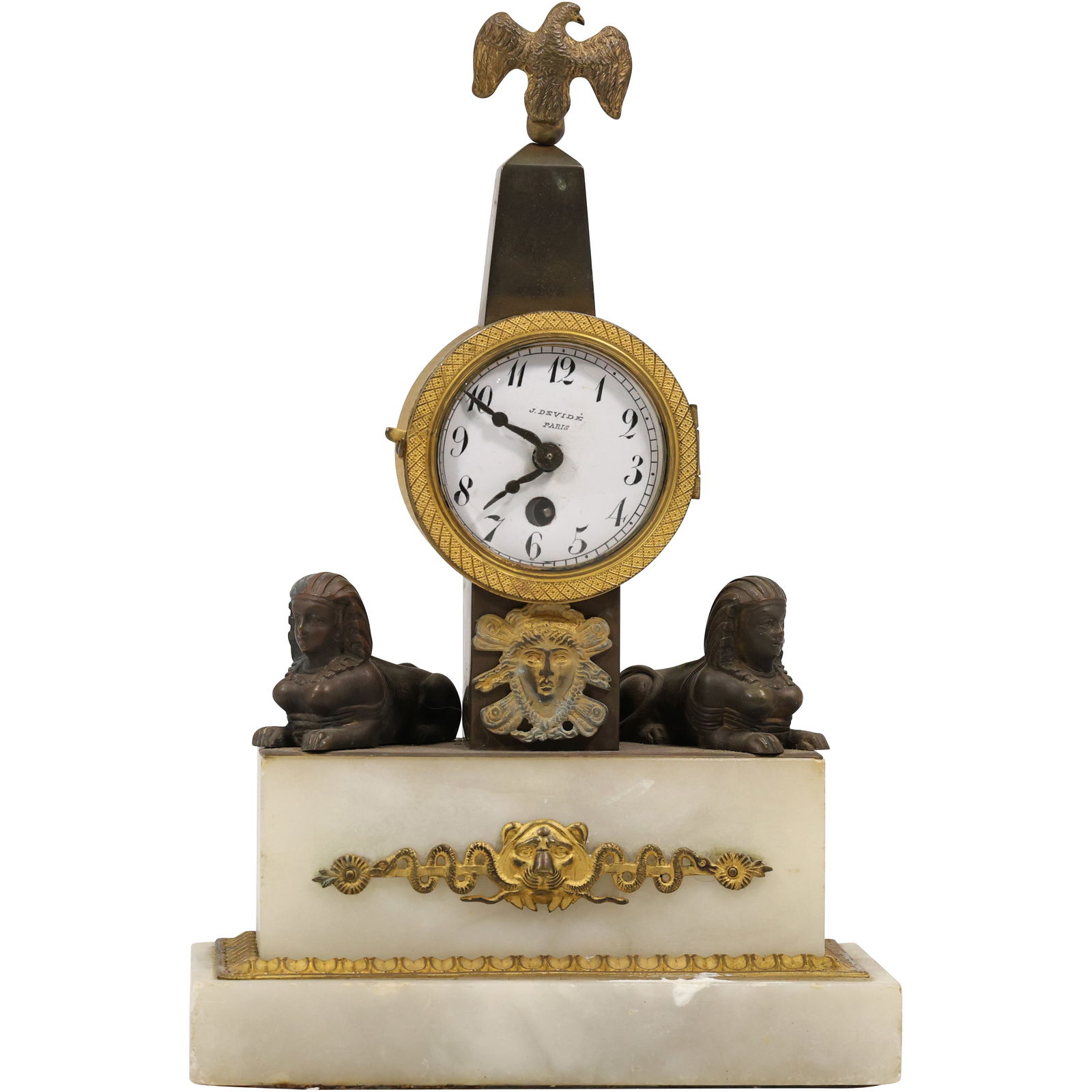 19th C. Antique Egyptian Revival "Sphinx" French Bronze and Marble Mantle Clock 11 in. height (1 of 15)