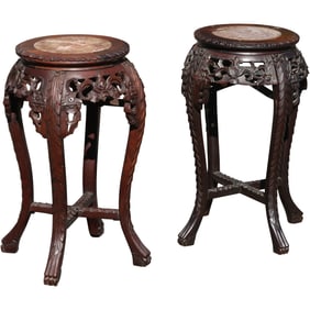2 Antique Chinese Carved Teakwood Round Taboret Tables with Inset Rose Marble Tops