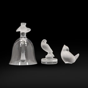 3 Assorted LALIQUE FRANCE Crystal Satin Glass Bird Bell, Bird Paperweight, Bird Figurine