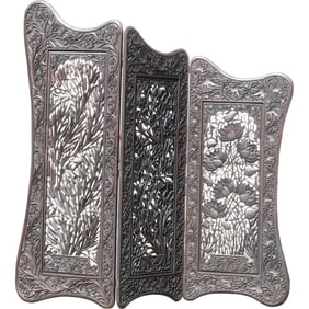 Spectacular Chinese Lacquered Teakwood 3-Fold Screen Art Nouveau Flowers, Reticulated 77 in.h.