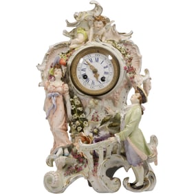 Antique Fine Porcelain Meissen / Dresden Mantle Clock with Man Woman Figures, Flowers, Cupid Crest