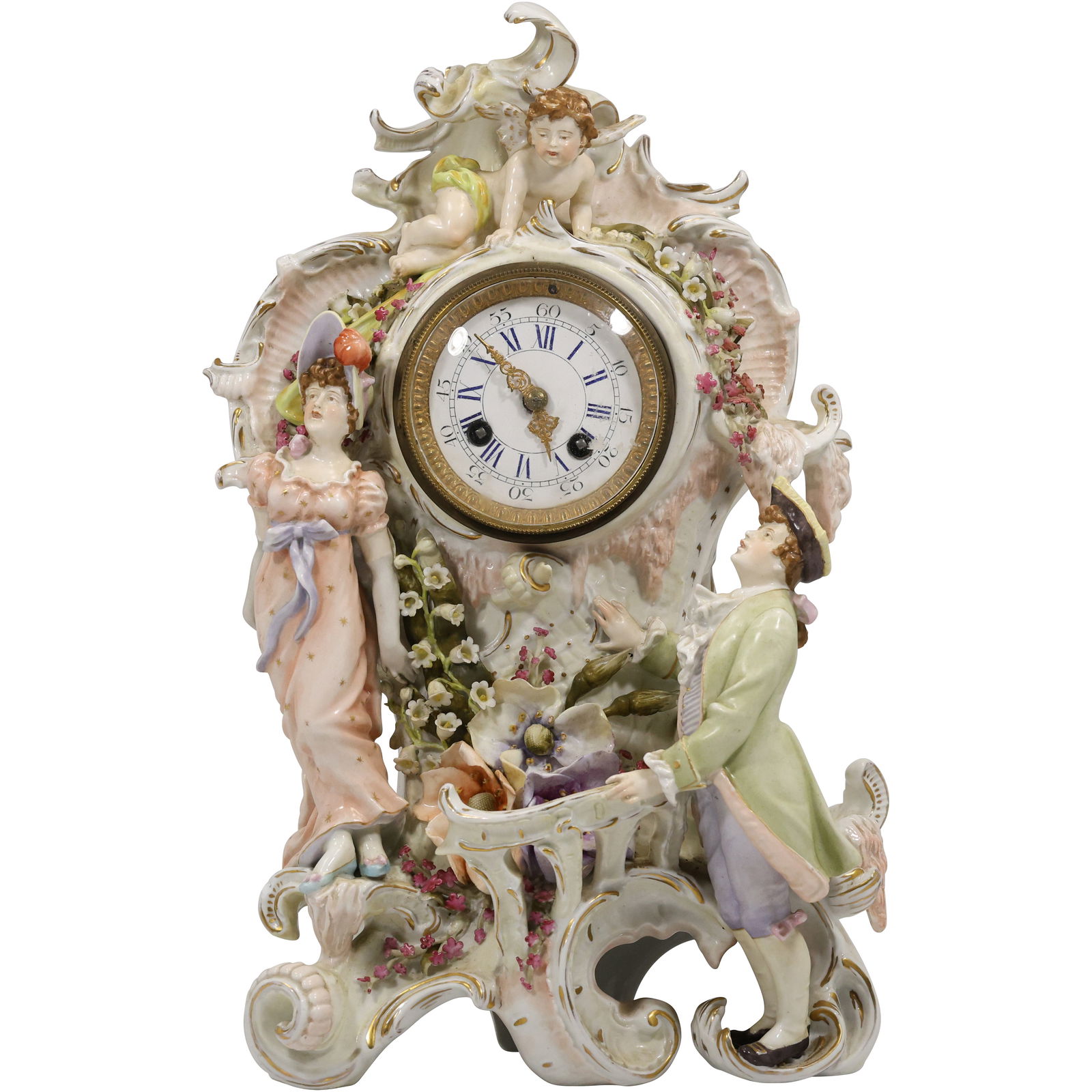 Antique Fine Porcelain Meissen / Dresden Mantle Clock with Man Woman Figures, Flowers, Cupid Crest (1 of 20)