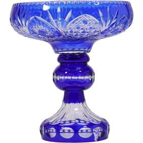 Exquisite Bohemian Cobalt Blue Cut to Clear Crystal Glass Pedestal Base Compote Bowl 13 in. h.