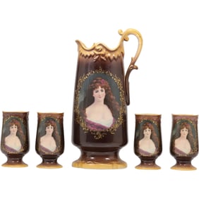 Victorian Style Maiden Portrait Panels Porcelain Tankard with 4 Matching Goblets