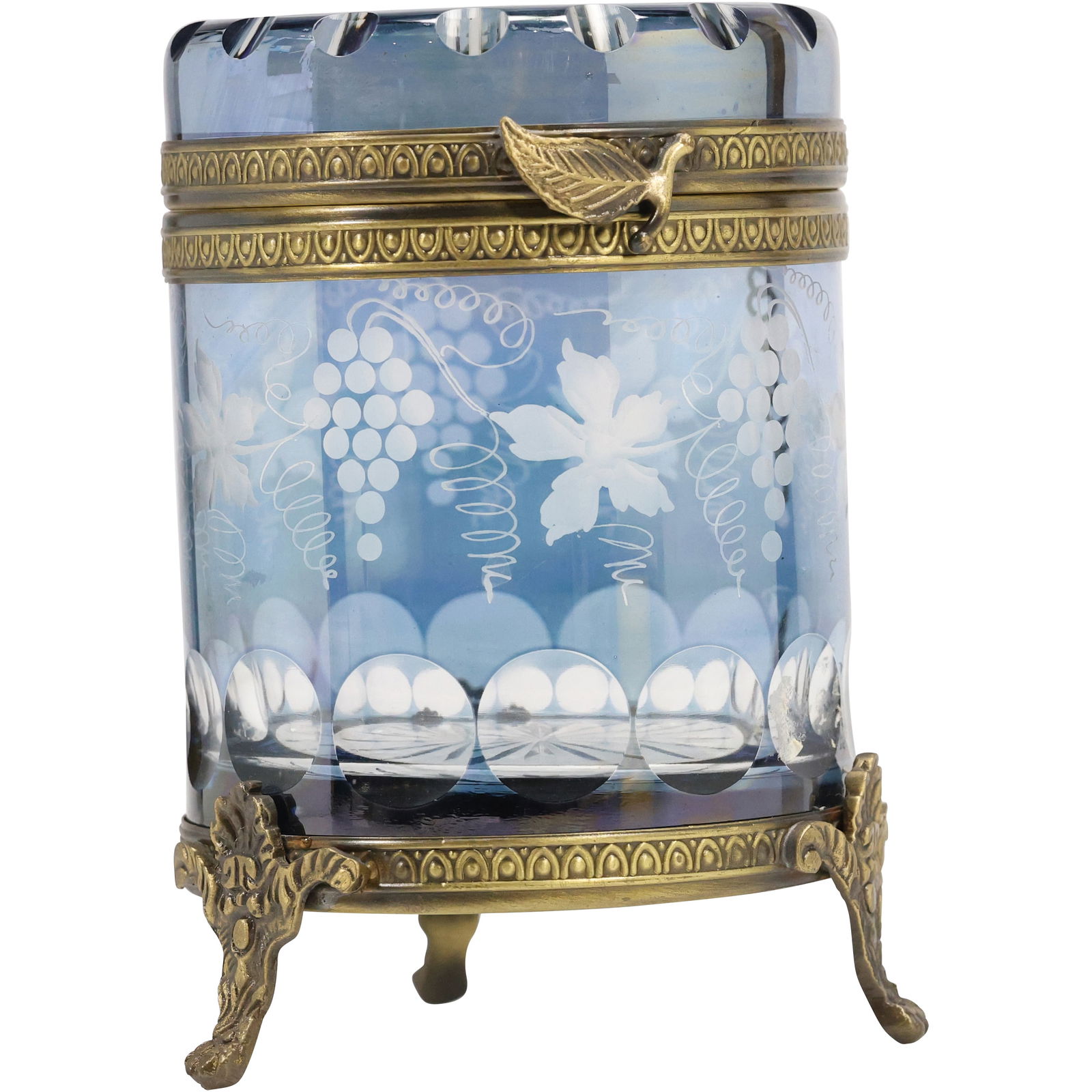 Baccarat crystal jar, likely a biscuit jar or a candy box, with a gilt bronze mounts, blue opaline (1 of 15)