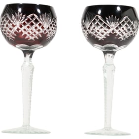 Pair Tall Bohemian Dark Ruby Red Etched to Clear Wine Stemware Goblets 8.5 in. height